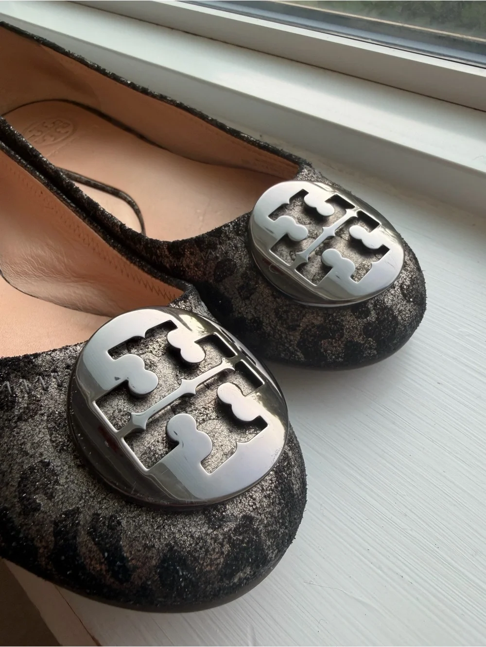 Tory Burch Luisa Anthracite Leopard Metallic Ballet Flats